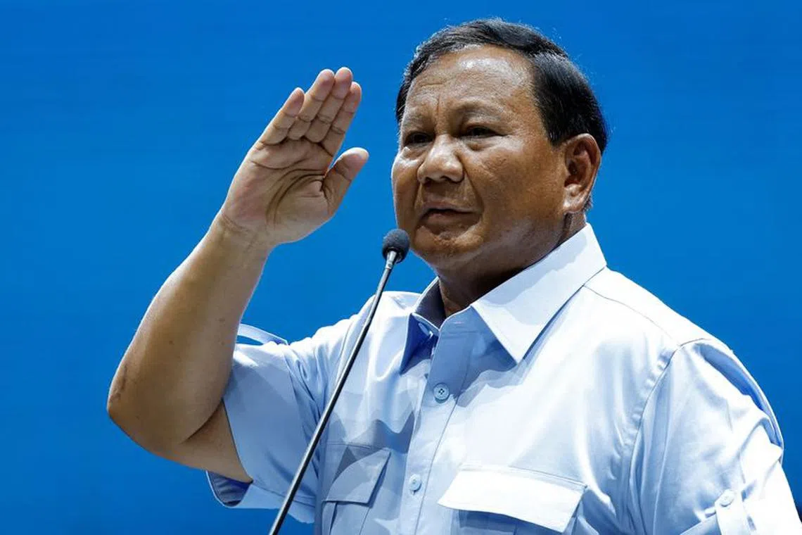 Indonesia's Defence Minister and presidential candidate Prabowo Subianto salutes to his supporters after delivering a speech at Jakarta Convention Center, during his campaign rally in Jakarta, Indonesia, February 2, 2024. REUTERS/Willy Kurniawan/ File photo