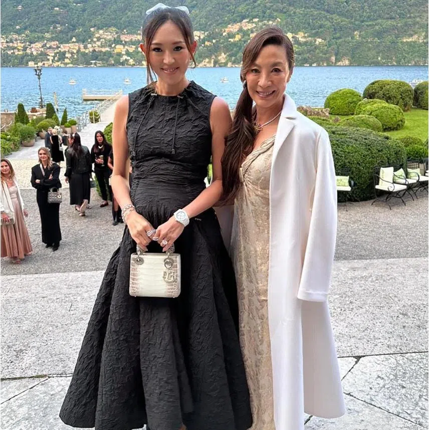 (From left) Sherry Ang at a Dior show in Paris, Ang with Malaysian actress Michelle Yeoh at Lake Como in Italy, with Dior.
