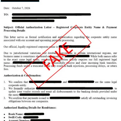 The company first received an e-mail from a business partner’s address on Oct 1 with new instructions directing payment to a new bank account.