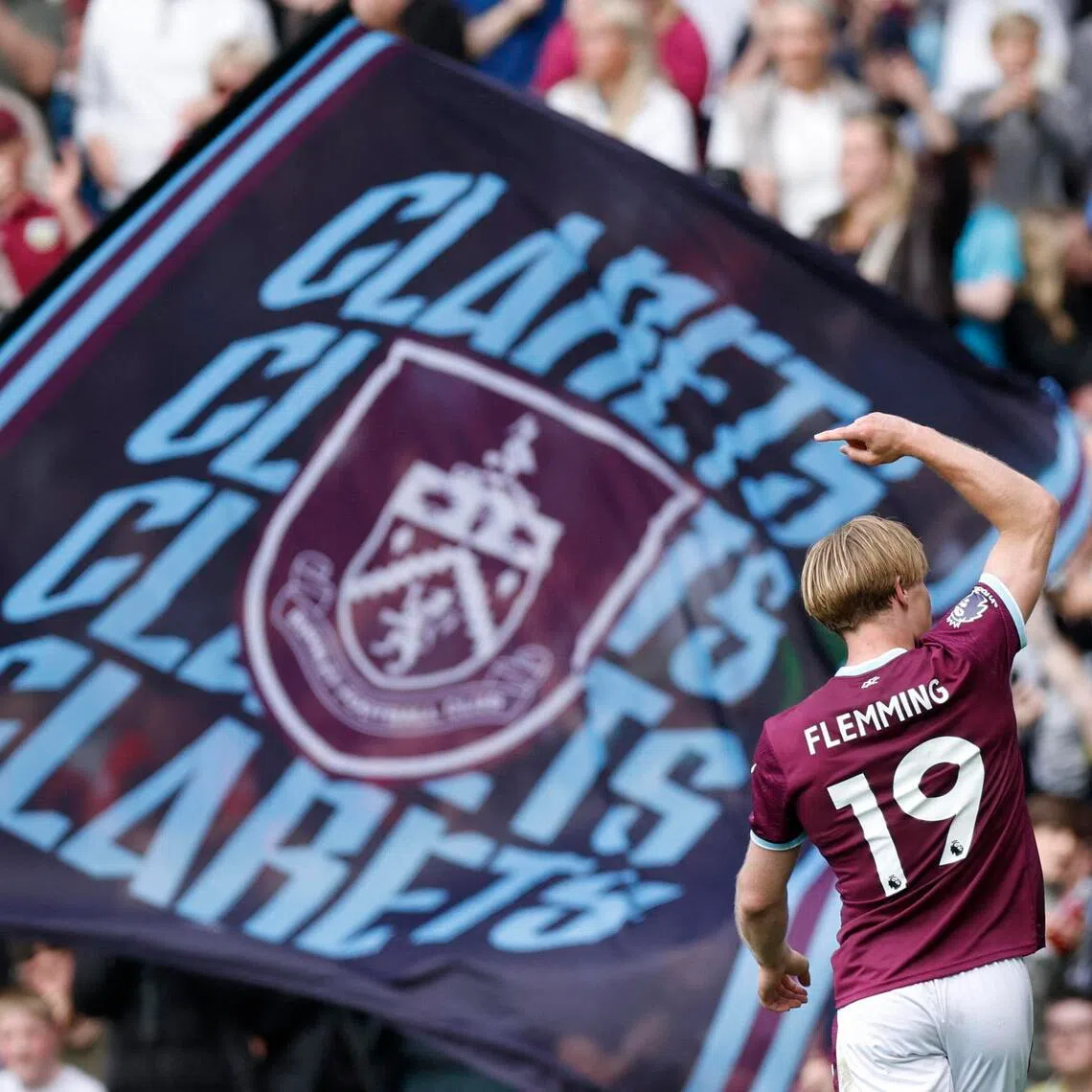 Burnley's Zian Flemming celebrates scoring their second goal in the 2-2 English Premier League draw against Aston Villa at Turf Moor on May 10, 2026.
