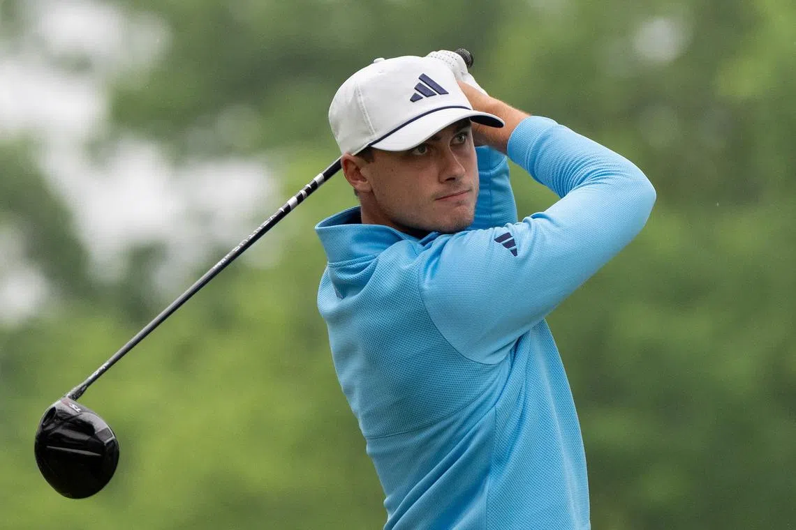 May 15, 2024; Louisville, Kentucky, USA; Ludvig Aberg tees off of hole 12 during a practice round for the PGA Championship golf tournament at Valhalla Golf Club. Mandatory Credit: Clare Grant-USA TODAY Sports