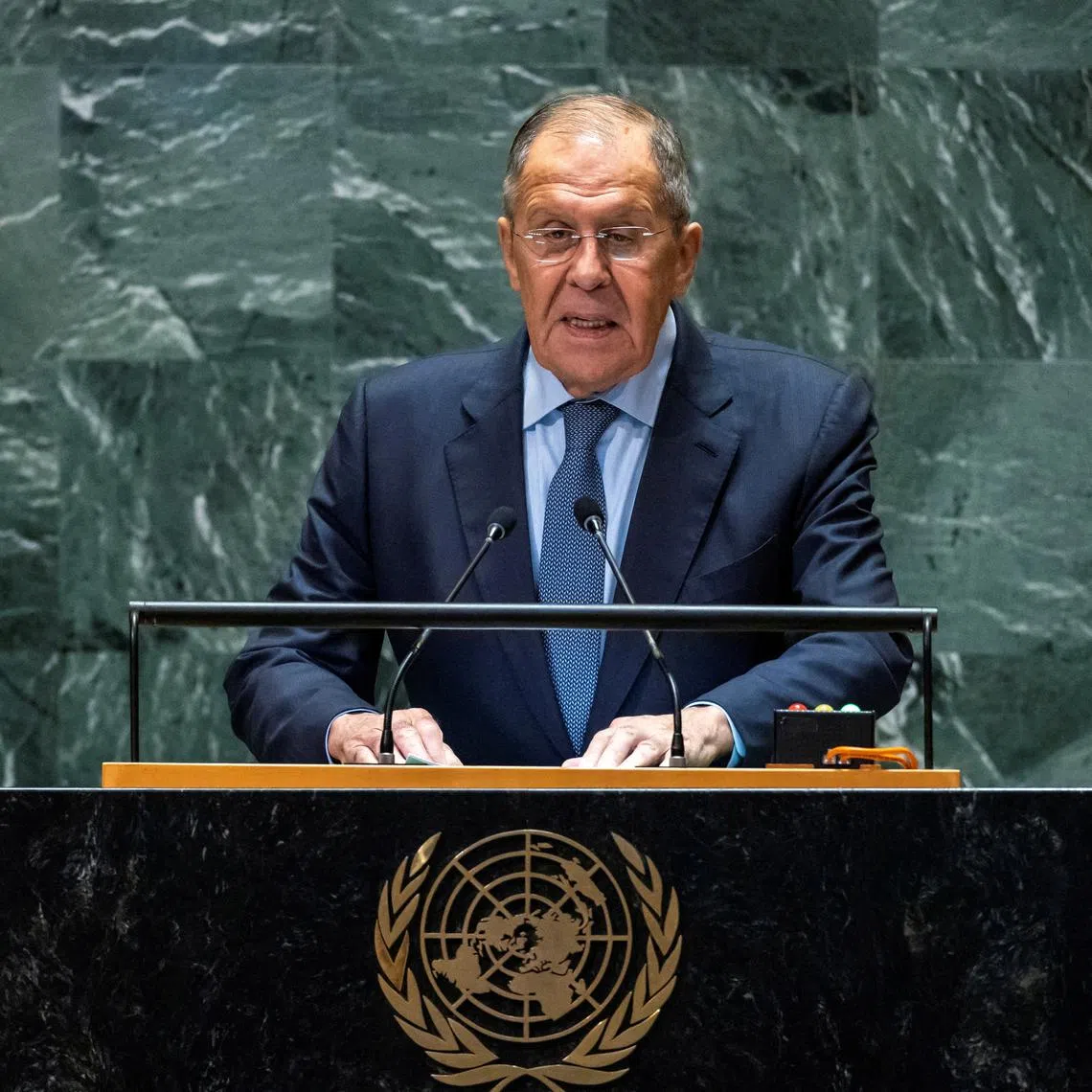 FILE PHOTO: Russian Foreign Minister Sergei Lavrov addresses the 79th United Nations General Assembly at U.N. headquarters in New York, U.S., September 28, 2024.  REUTERS/Eduardo Munoz/File Photo