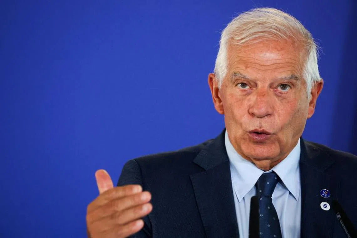 FILE PHOTO: The EU High Representative for Foreign Affairs and Security Policy Josep Borrell speaks next to Spain's Minister of Defence Margarita Robles (not pictured) at a press conference during the informal EU ministerial meeting on defence in Toledo, Spain August 30, 2023. REUTERS/Isabel Infantes/File Photo