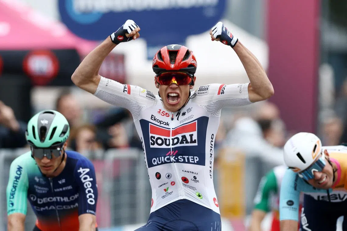 Cycling - Giro d'Italia - Stage 1 - Nessebar to Burgas - Bulgaria - May 8, 2026 Soudal Quick Step's Paul Magnier celebrates after crossing the line to win stage 1 REUTERS/Stoyan Nenov
