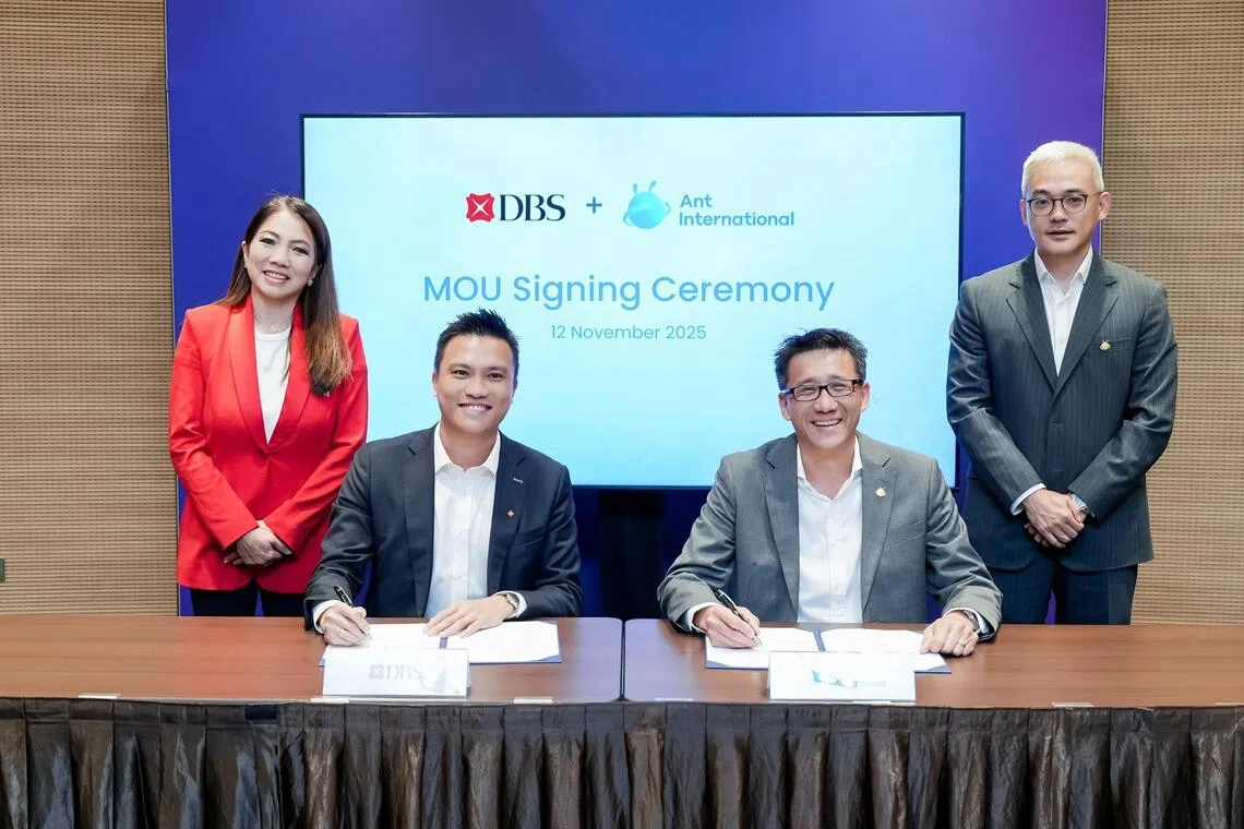 (From left to right) Ms Tan Su Shan, CEO of DBS; Mr Loy Hwee Chuan, segment head of telecommunications, media & tech, DBS; Mr Edward Yue, Alipay+ general manager, Ant International; and Mr Yang Peng, CEO of Ant International.