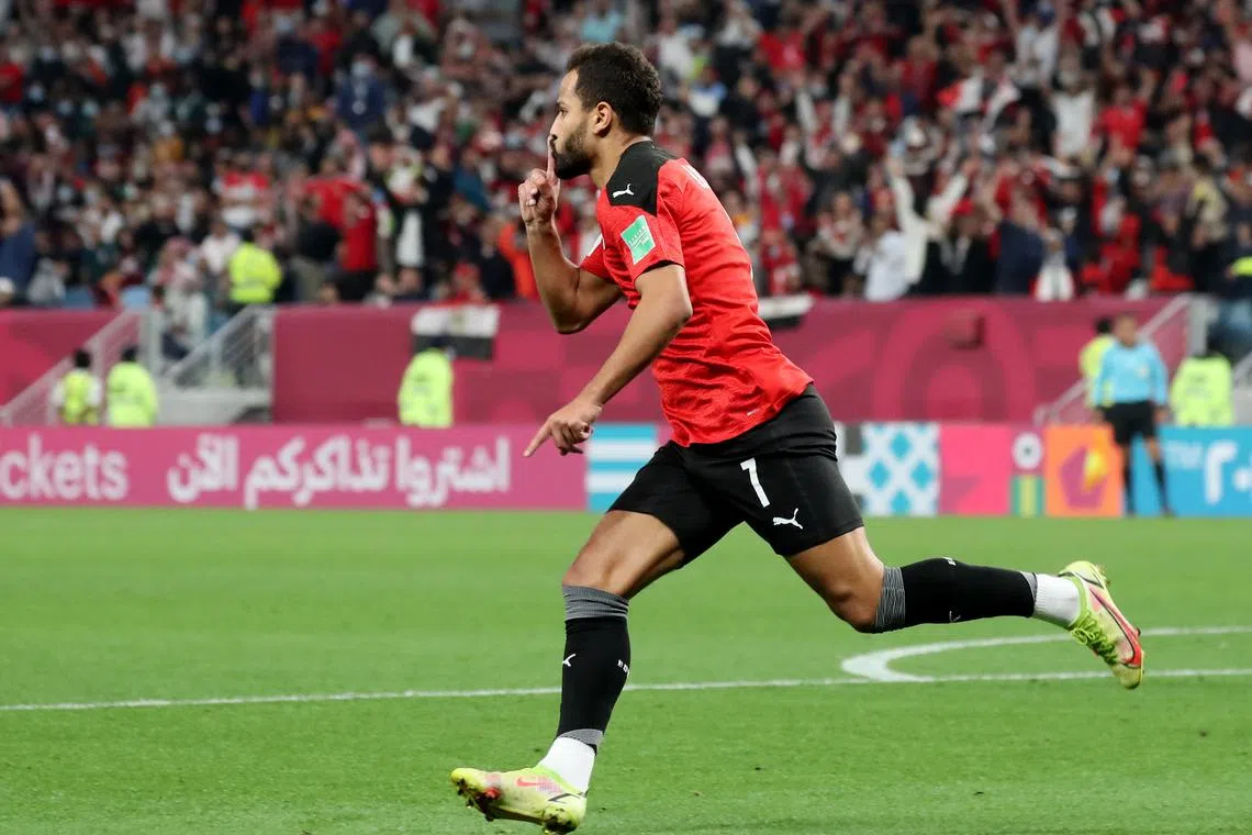 Soccer Football - Arab Cup - Quarter-Final - Egypt v Jordan - Al Janoub Stadium, Al Wakrah, Qatar - December 11, 2021 Egypt's Ahmed Refaat celebrates scoring their second goal REUTERS/Suhaib Salem