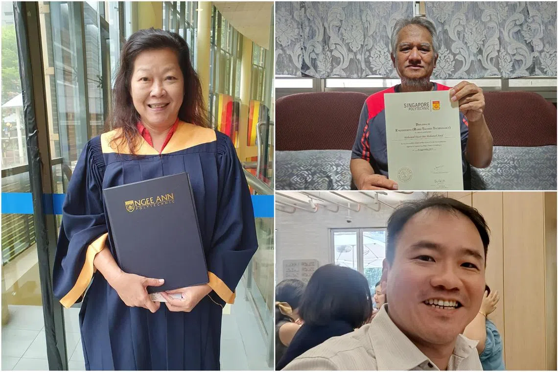Recent polytechnic graduates over 40: (clockwise from left) Madam Geraldine Lee, Mr Mohamed Nazri and Mr Sik Wee Teng.