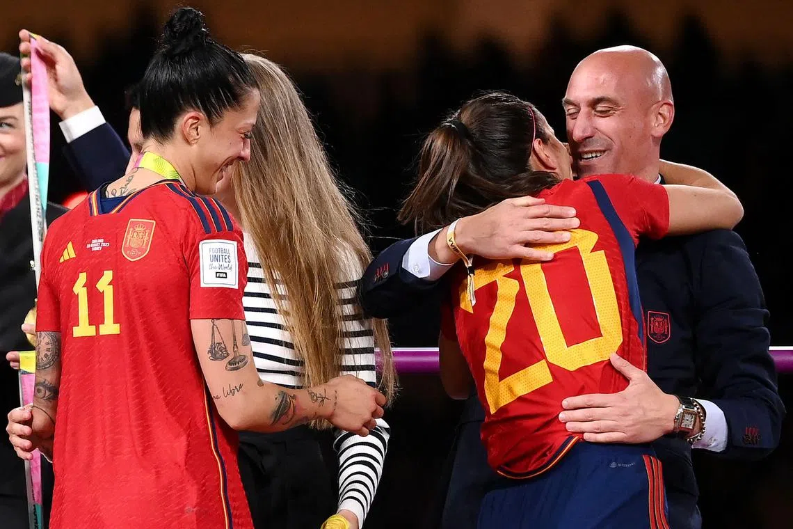 Luis Rubiales is being investigated for a possible act of sexual aggression, after he grabbed and kissed World Cup winner Jenni Hermoso (far left) after Spain's World Cup win.