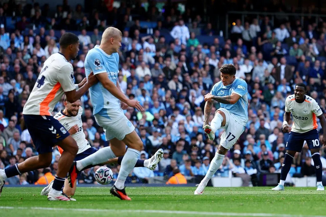 Manchester City’s Enzo Fernandez shooting at the goal during the Sept 5 match.