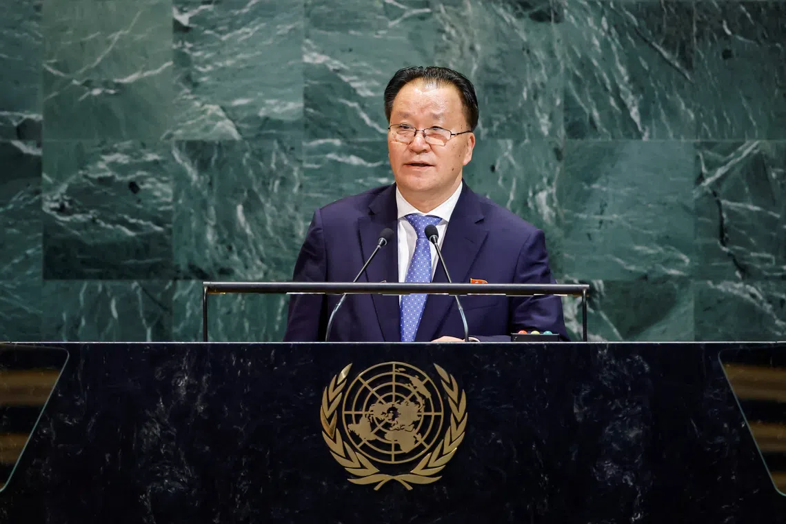 North Korea's Vice Minister for Foreign Affairs Kim Son Gyong addresses the 80th United Nations General Assembly at U.N. headquarters in New York City, U.S., September 29, 2025. REUTERS/Eduardo Munoz