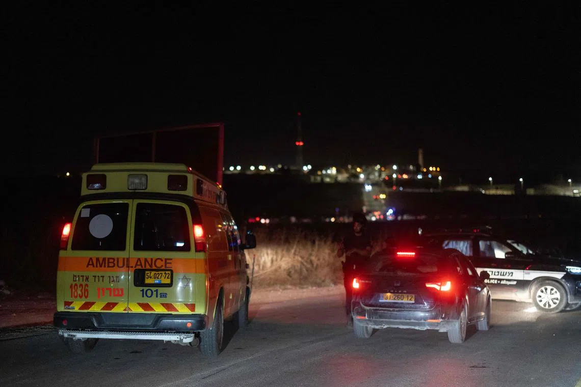 An ambulance arriving at the site of a drone strike near the northern Israeli town of Binyamina on Oct 13.