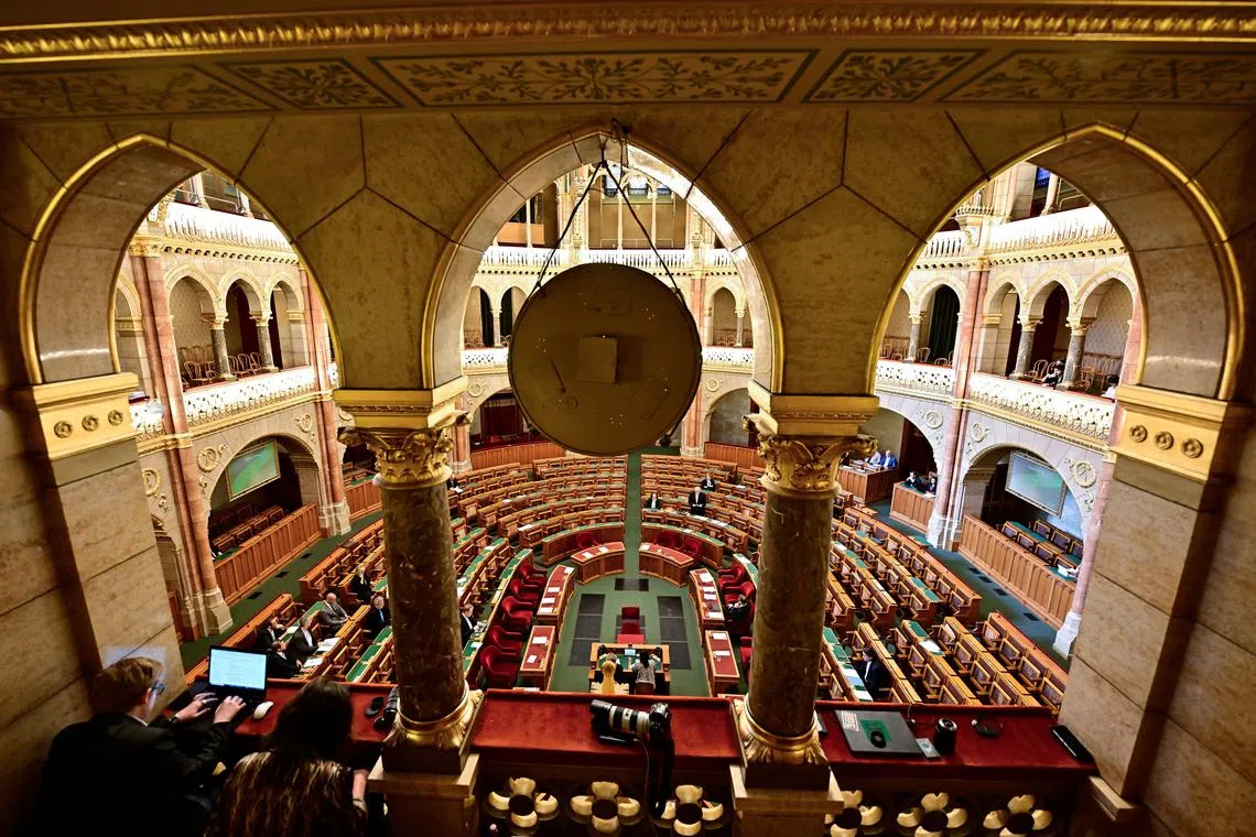 FILE PHOTO: A general view as the Hungarian parliament starts debating the bill to crack down on foreign-funded organisations in Budapest, Hungary, May 20, 2025. REUTERS/Marton Monus/File Photo