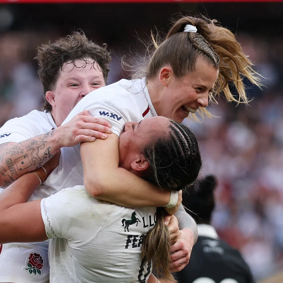 Rugby Union - Women's International Match - England v New Zealand - Allianz Stadium, Twickenham, Britain - September 26, 2026 England's Zoe Harrison celebrates scoring their fourth try with Maddie Feaunati Action Images via Reuters/John Sibley