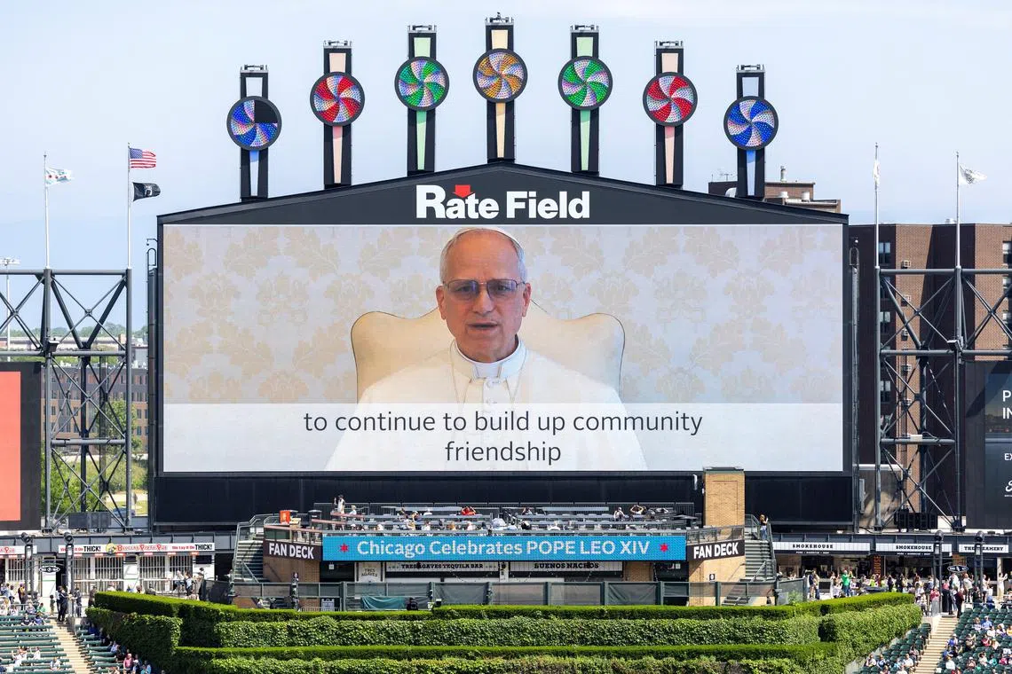 Pope Leo XIV delivers a video message during a public celebration hosted by the Chicago White Sox and the Archdiocese of Chicago for the election of Pope Leo XIV, featuring a mass at Rate Field in Chicago, Illinois, U.S., June 14, 2025.  REUTERS/Carlos Osorio