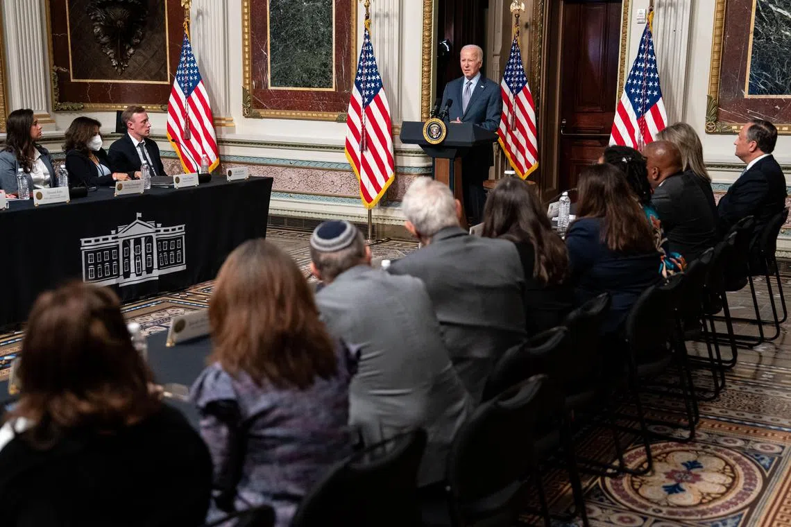 US President Joe Biden delivers remarks at a roundtable of Jewish community leaders at the White House, where he shared his support for Israel following the attacks by Hamas.