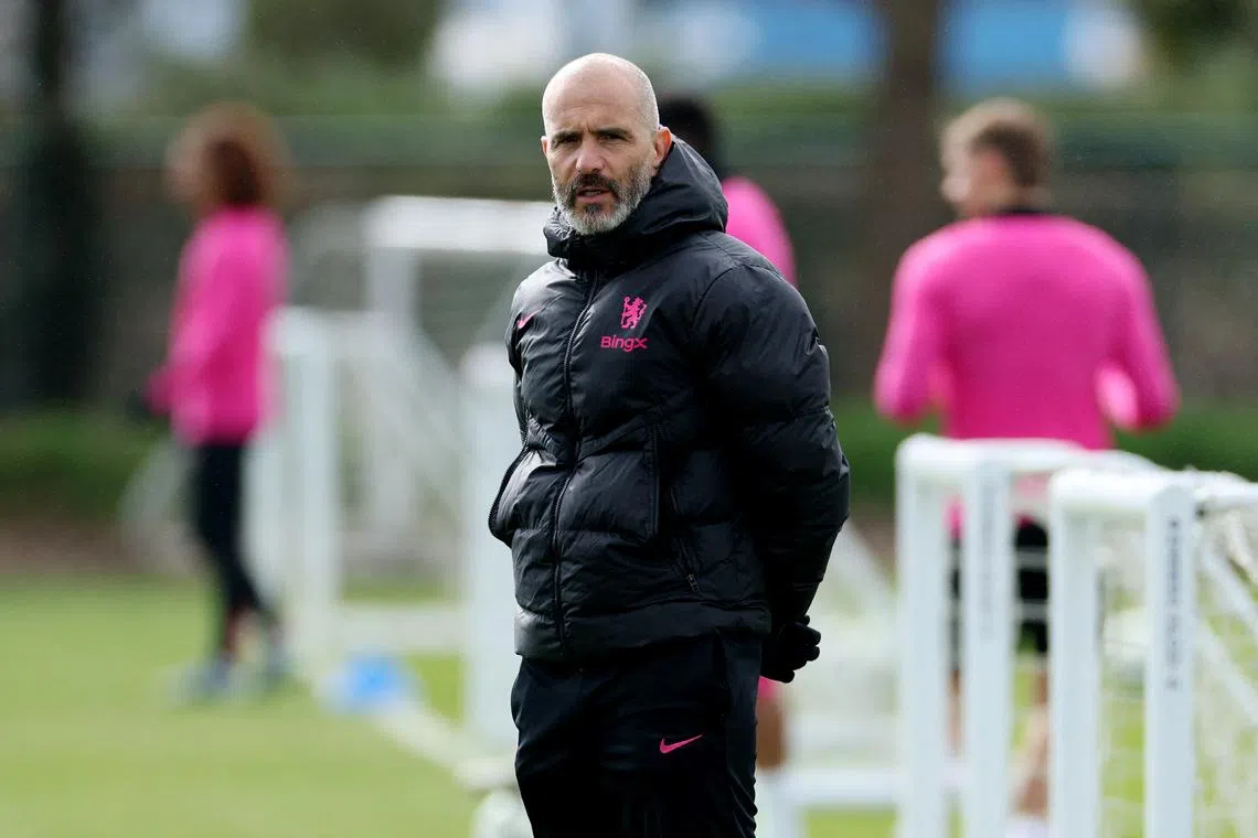 FILE PHOTO: Soccer Football - Conference League - Chelsea Training - Cobham Training Centre, Cobham, Britain - March 12, 2025 Chelsea manager Enzo Maresca during training Action Images via Reuters/John Sibley/File Photo