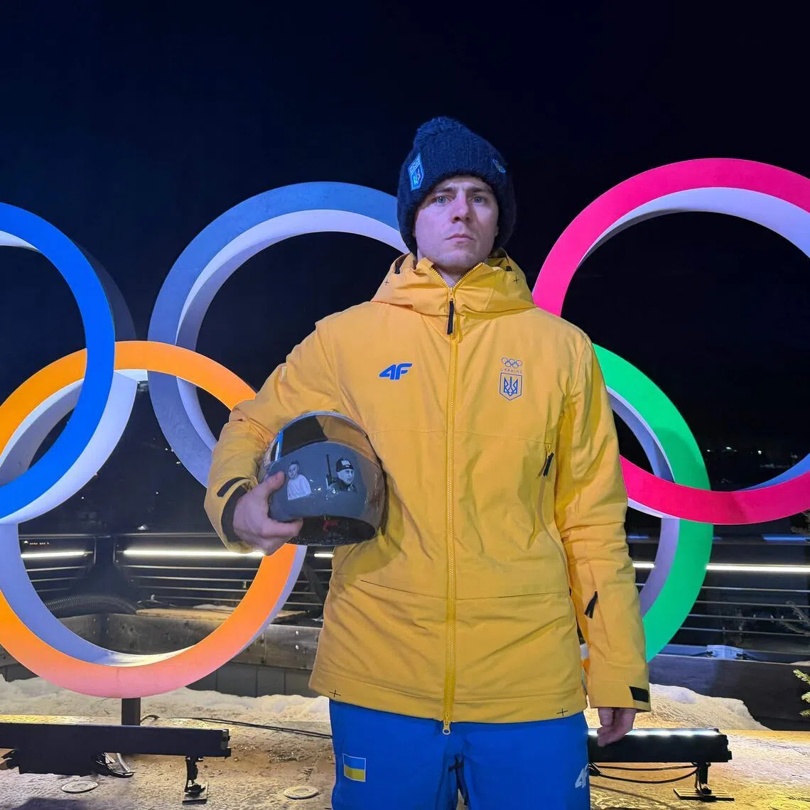 Ukraine's Vladyslav Heraskevych at a media briefing in Italy on Feb 10, after his helmet featuring Ukrainian athletes killed by Russia's invasion of Ukraine was banned by Olympic officials.