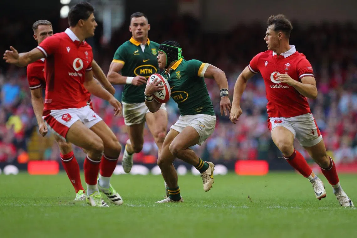 South Africa's wing Cheslin Kolbe running with the ball during the pre-World Cup Rugby Union match between Wales and South Africa at Principality Stadium in Cardiff on Aug 19. The Springboks won 52-16.