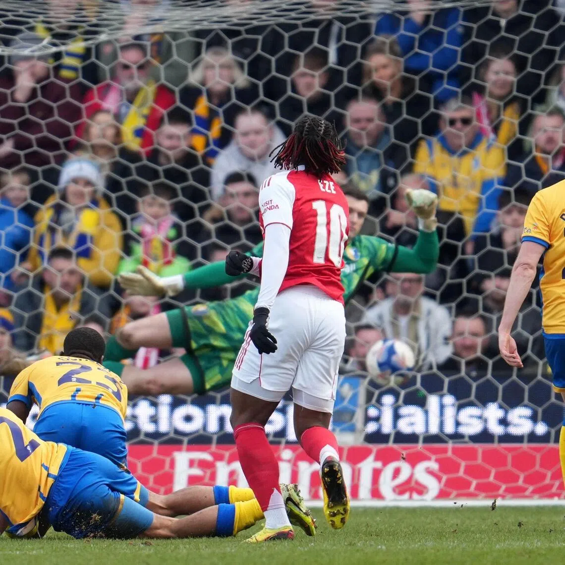 Arsenal's English midfielder Eberechi Eze scoring the winner in the 2-1 FA Cup fifth-round triumph over Mansfield Town at Field Mill on March 7, 2026. 