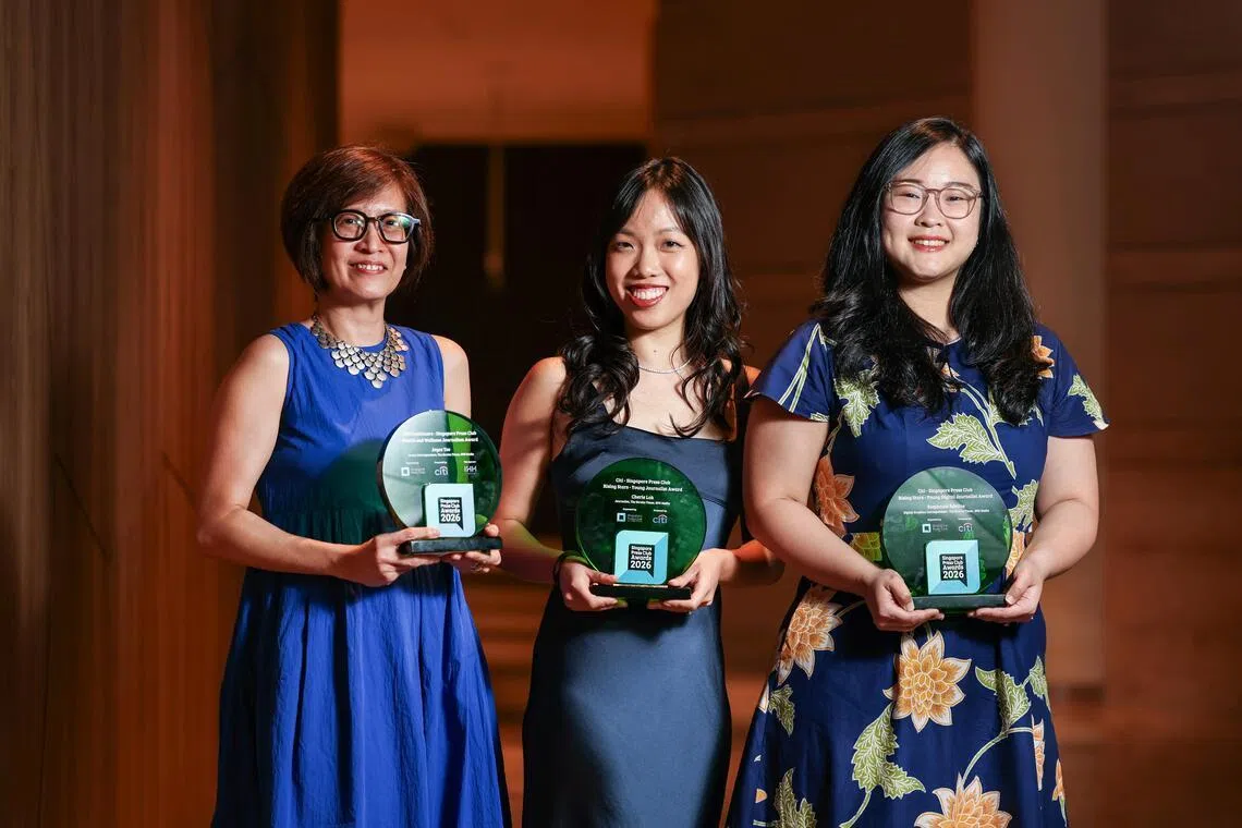(From left) Straits Times senior correspondent Joyce Teo, journalist Cherie Lok and digital graphics correspondent Stephanie Adeline with their Singapore Press Club awards.