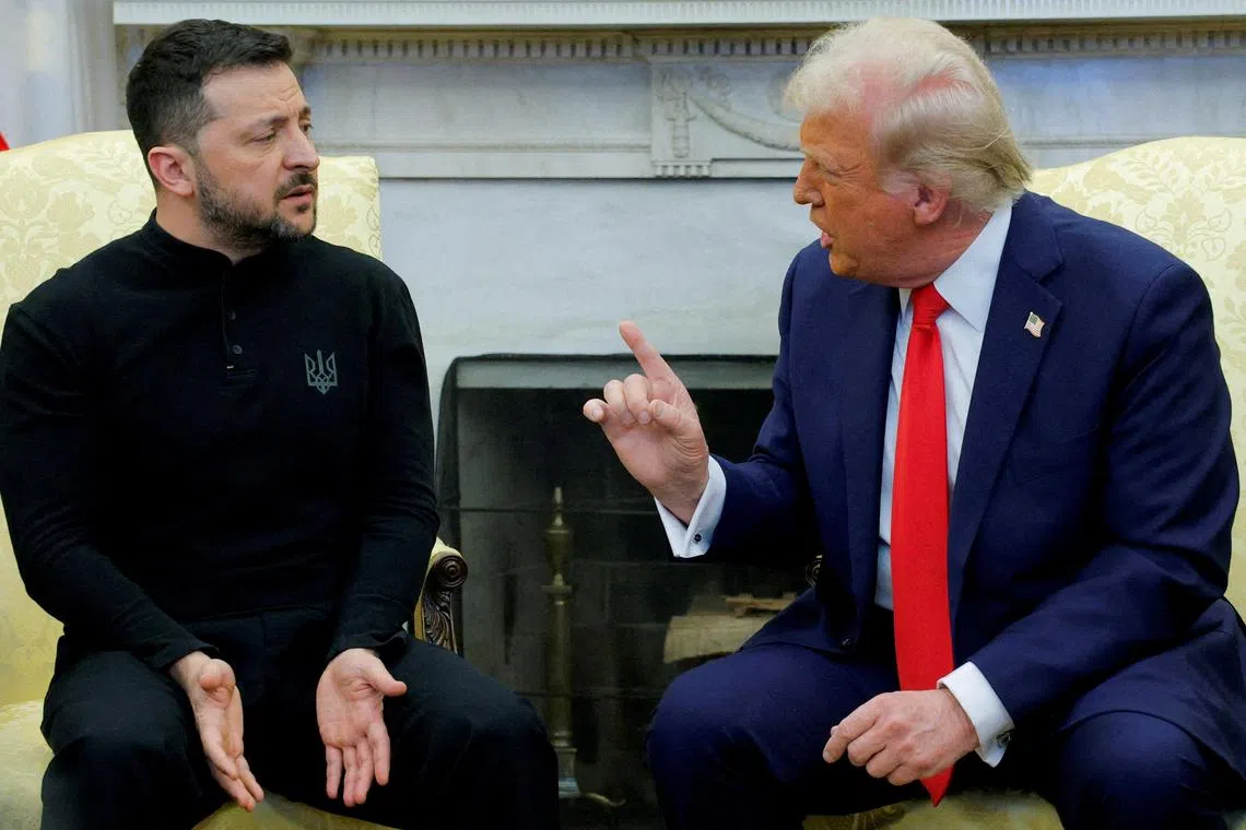 Ukrainian President Volodymyr Zelensky and US President Donald Trump during an acrimonious meeting at the White House on Feb 28.