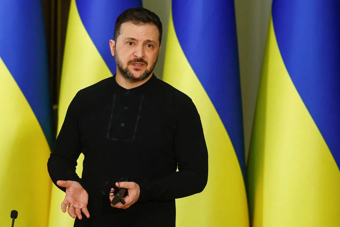 Ukraine's President Volodymyr Zelenskiy speaks during a joint news briefing with U.S. Secretary of the Treasury Scott Bessent, amid Russia's attack on Ukraine, in Kyiv, Ukraine, February 12, 2025. REUTERS/Valentyn Ogirenko