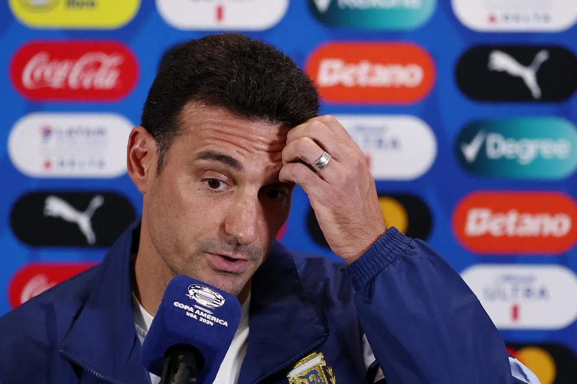 Soccer Football - Copa America 2024 - Final - Argentina Press Conference - Hard Rock Stadium, Miami Gardens, Florida, United States - July 13, 2024 Argentina coach Lionel Scaloni during the press conference REUTERS/Agustin Marcarian