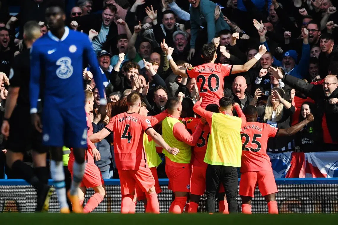 Brighton's Julio Enciso celebrates after scoring the winning goal in the 2-1 win over Chelsea.