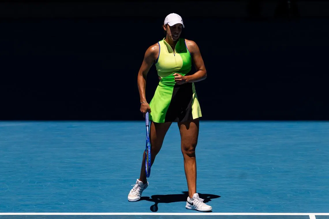 Jan 26, 2026; Melbourne, Victoria, Australia; Madison Keys of United States in action against Jessica Pegula of United States in the fourth round of the women’s singles at the Australian Open at Rod Laver Arena in Melbourne Park. Mandatory Credit: Mike Frey-Imagn Images