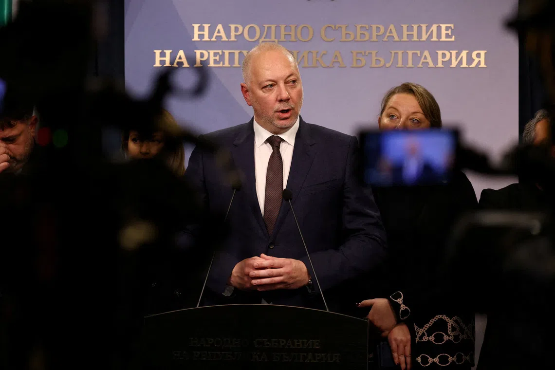 Bulgarian Prime Minister Rosen Zhelyazkov speaks to the media before announcing the resignation of his government, in Sofia, Bulgaria,  December 11, 2025. REUTERS/Stoyan Nenov