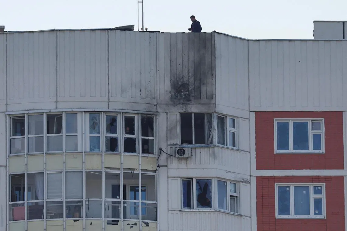 Residential buildings were damaged in a drone attack on Tuesday in Moscow that Russia blames on Ukraine.