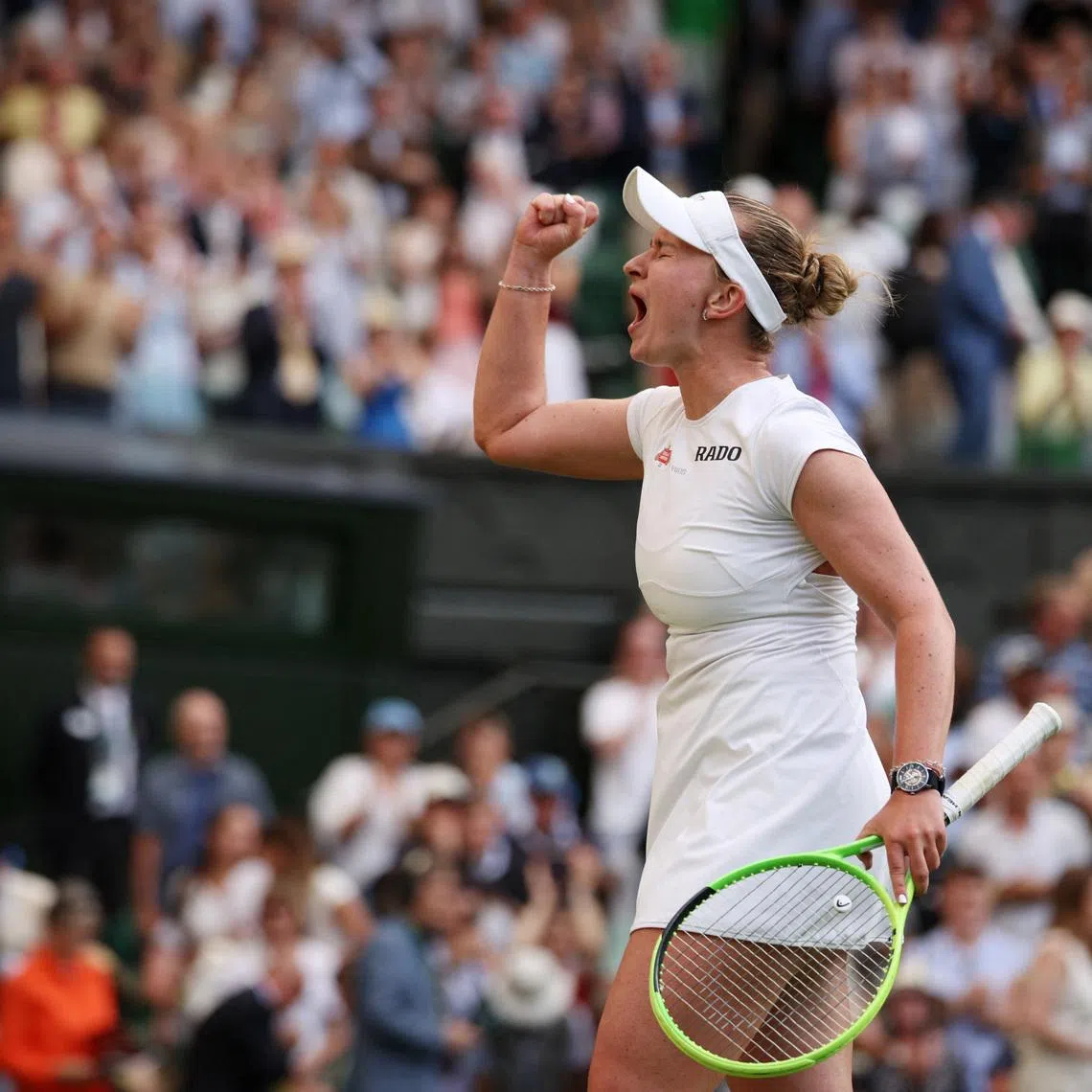 Tennis - Wimbledon - All England Lawn Tennis and Croquet Club, London, Britain - July 1, 2026 Czech Republic's Barbora Krejcikova celebrates winning her second round match against Russia's Mirra Andreeva REUTERS/Marko Djurica
