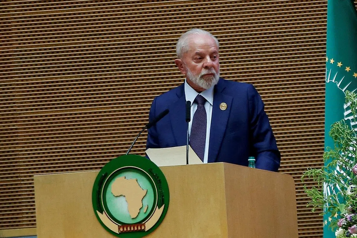 FILE PHOTO: Brazil's President Luiz Inacio Lula da Silva addresses the opening of the 37th Ordinary Session of the Assembly of the African Union at the African Union Headquarters, in Addis Ababa, Ethiopia February 17, 2024. REUTERS/Stringer/File Photo