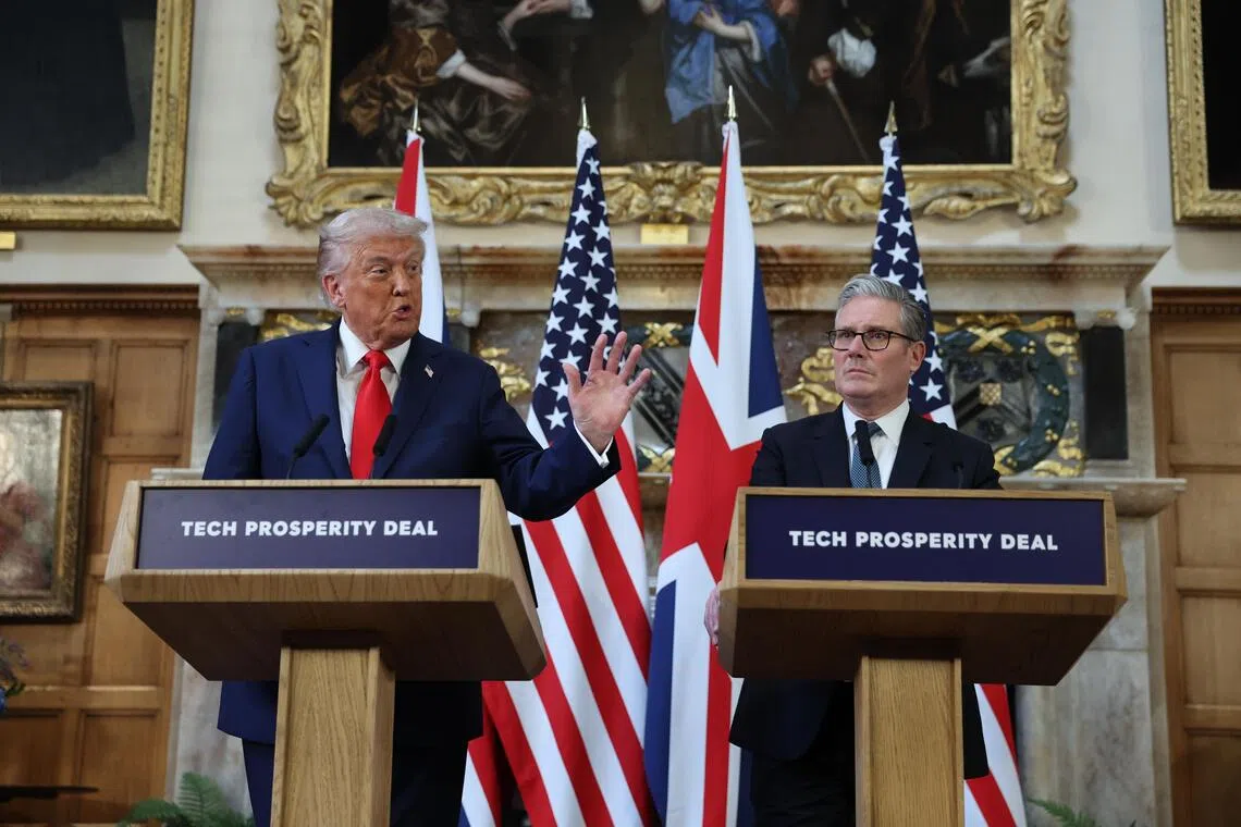 US President Donald Trump (left) and British Prime Minister Keir Starmer delivering a press conference at Chequers, the country residence of British Prime Minister, on Sept 18.