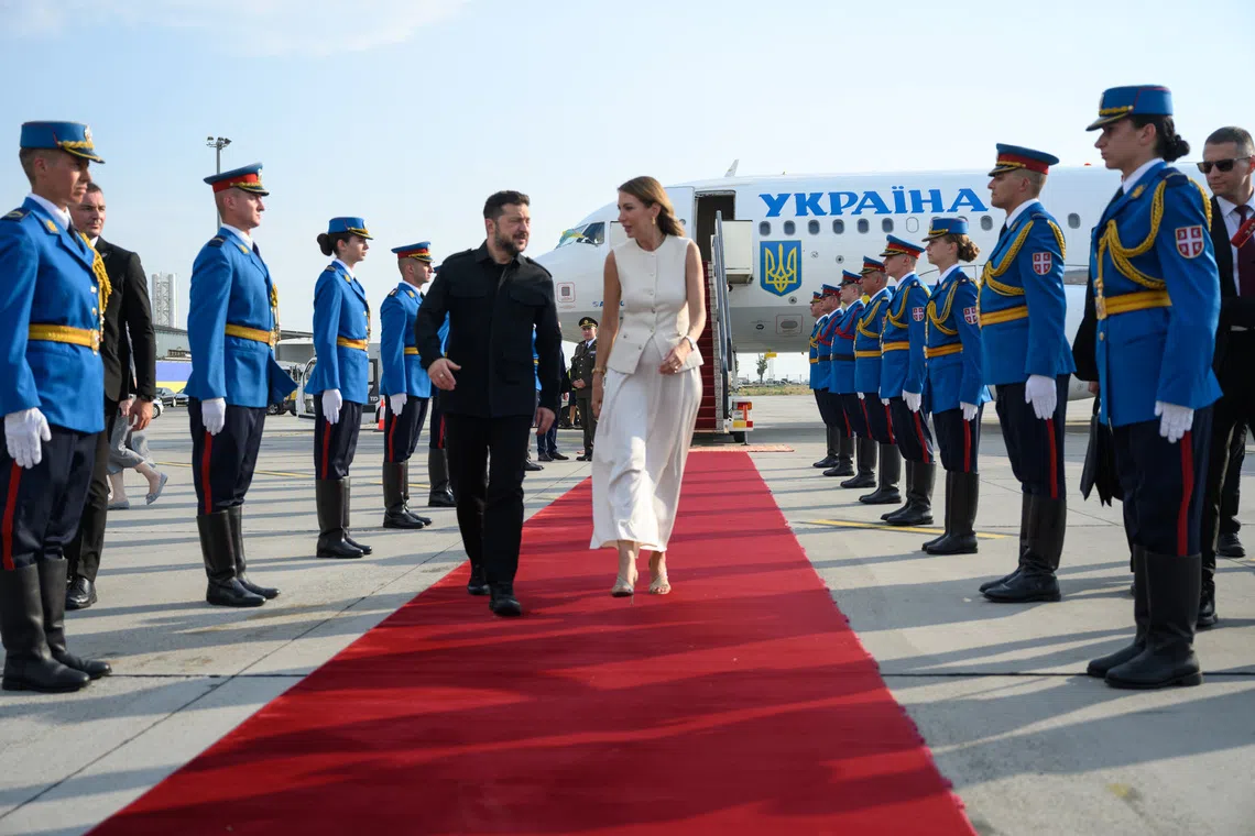 Ukrainian President Volodymyr Zelensky (left) arriving in Serbia on Aug 7.