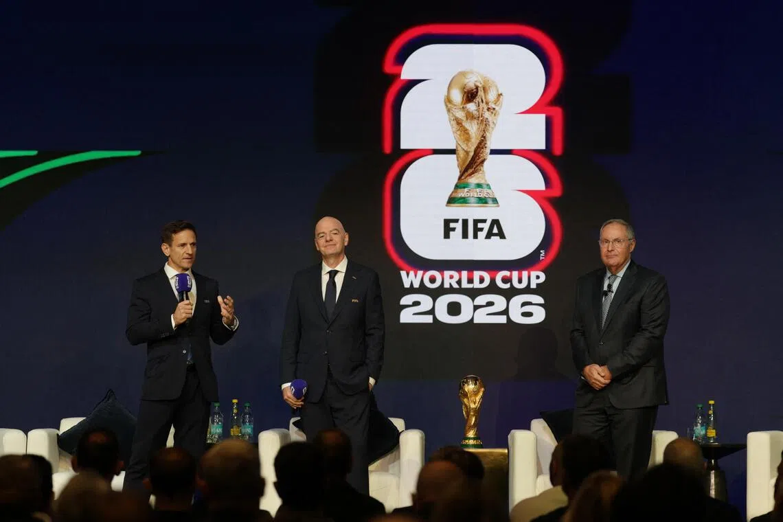 Chief tournament officer Manolo Zubiria, FIFA president Gianni Infantino and host Andres Cantor during the 2026 World Cup match schedule announcement.