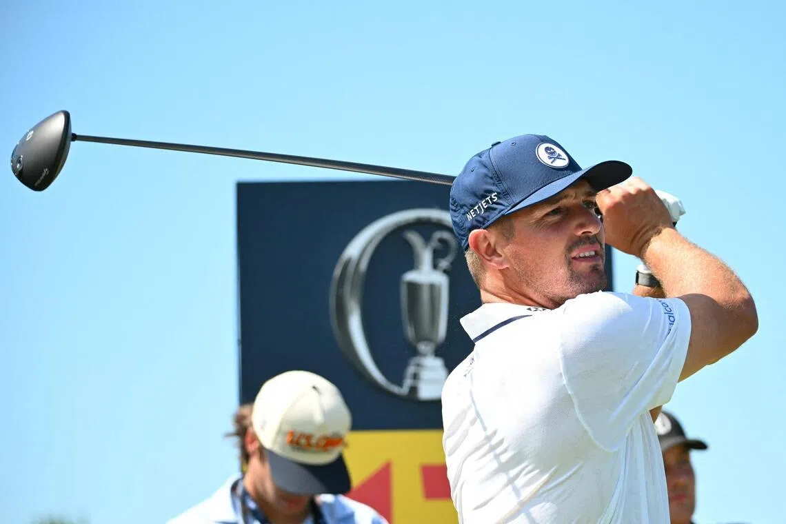 US golfer Bryson DeChambeau watching his drive from the 17th tee during practice for the 154th Open Golf championship at Royal Birkdale Golf Club near Southport in north-west England on July 13.