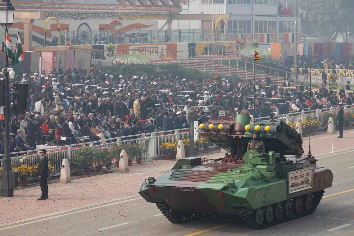 India displays its military hardware during its 75th Republic Day parade on Jan 26, 2024.