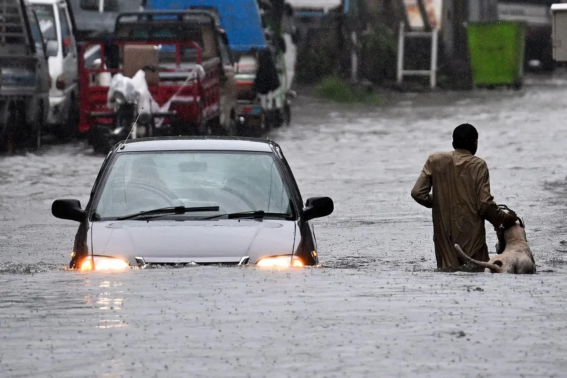 A man along with his dog while a car wade through a flooded street during heavy monsoon rains in Rawalpindi on July 17, 2025. Monsoon rains in Pakistan have been linked to more than 110 deaths including dozens of children since they arrived in late June, according to government figures released on July 14. (Photo by Aamir QURESHI / AFP)