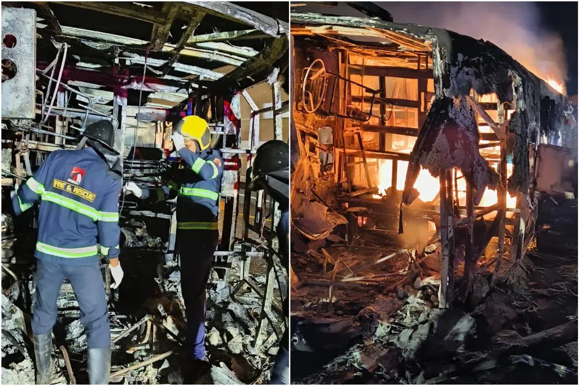The bus was travelling to the city of Pune when it hit a pole and overturned after midnight, causing its diesel tank to catch fire.