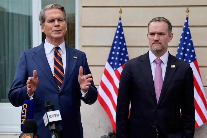 US Treasury Secretary Scott Bessent and US Trade Representative Jamieson Greer addressing journalists at the OECD Headquarters in Paris on March 16.