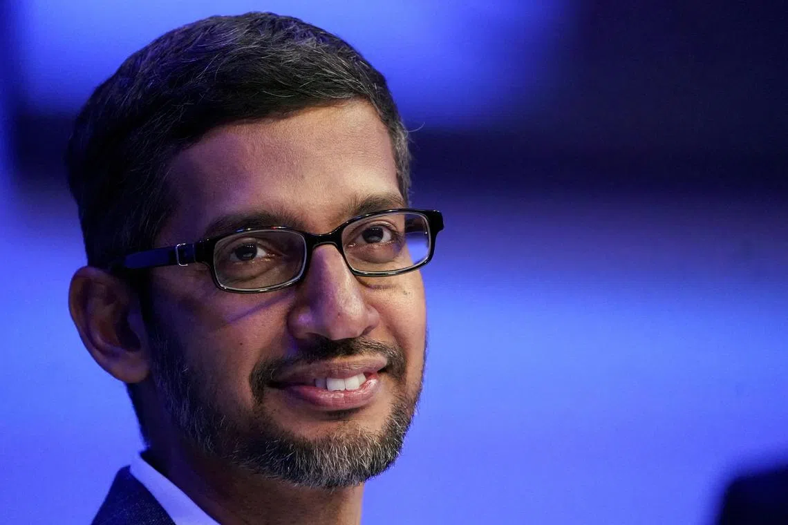 FILE PHOTO: Sundar Pichai, chief executive officer of Alphabet, looks on during a session of the 50th World Economic Forum (WEF) annual meeting in Davos, Switzerland, January 22, 2020. REUTERS/Denis Balibouse/File Photo