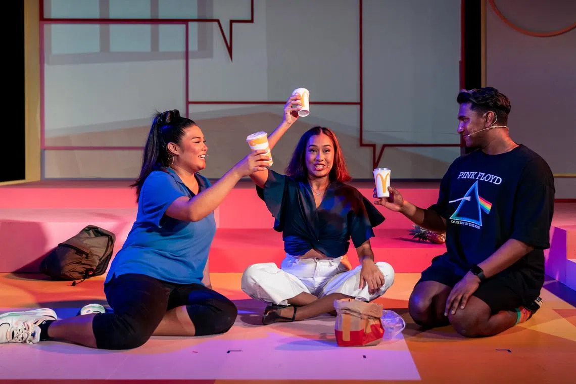 (L-R) Rina (Gail Belmonte), Sara (Nadya Zaheer) and Tobias (Kevin Brendan) are three young adults who trash out their woes in their Iced Milo Conference.  