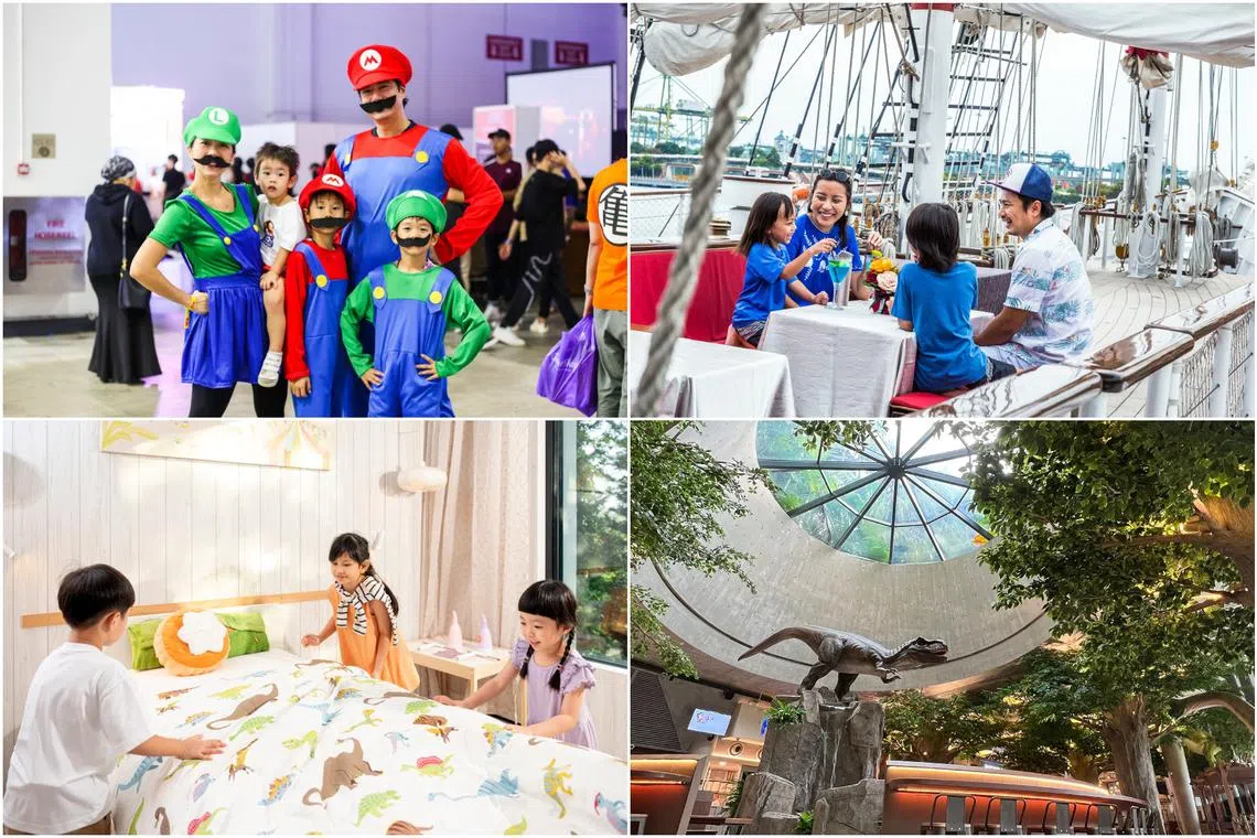 (Clockwise from top left) Singapore Comic Con, breakfast cruise on Royal Albatross, Jurassic Nest Food Hall at Gardens by the Bay, and Village Hotel Sentosa's staycation package.