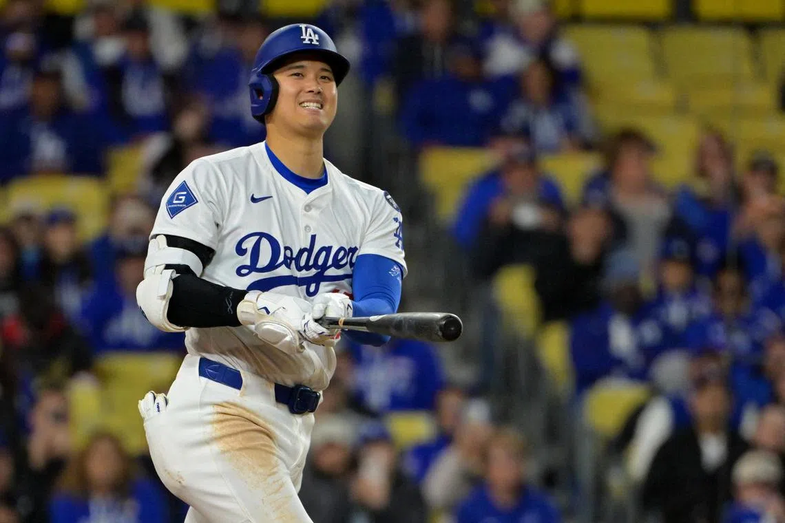 Los Angeles Dodgers designated hitter Shohei Ohtani at bat in the sixth inning against the Atlanta Braves at Dodger Stadium.