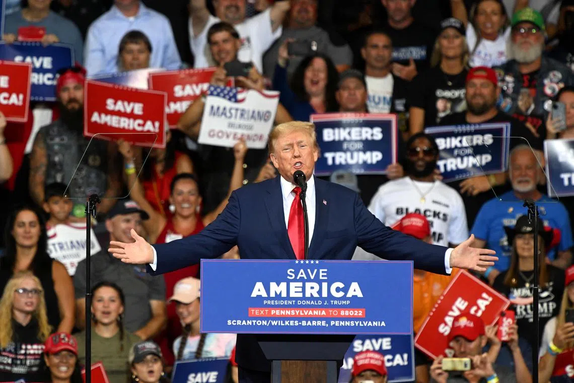 Former US President Donald Trump during a campaign rally in Pennsylvania, on Sept 3, 2022.