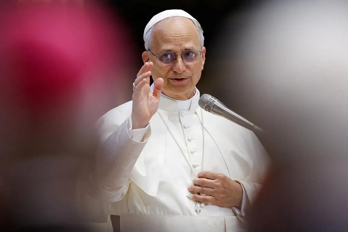 FILE PHOTO: Pope Leo XIV attends a meditation inside St. Peter's Basilica during the Jubilee of Bishops, at the Vatican, June 25, 2025. REUTERS/Remo Casilli/File photo