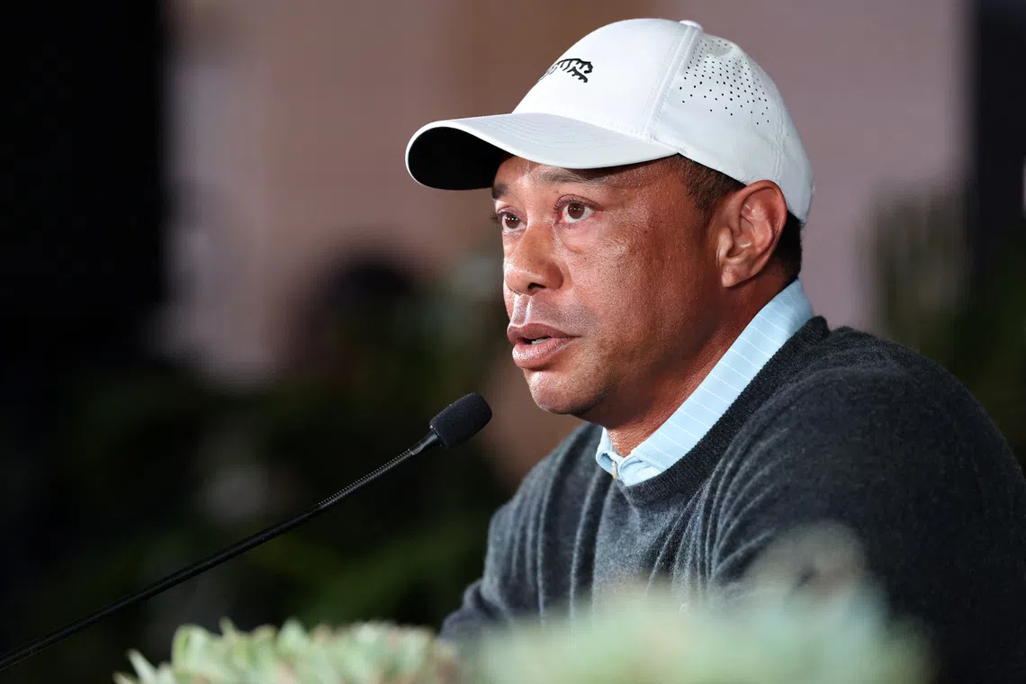 Feb 17, 2026; Pacific Palisades, CA, USA;  Genesis Invitational tournament host Tiger Woods speaks to the media during a press conference at Riviera Country Club. Mandatory Credit: Kiyoshi Mio-Imagn Images/ File Photo