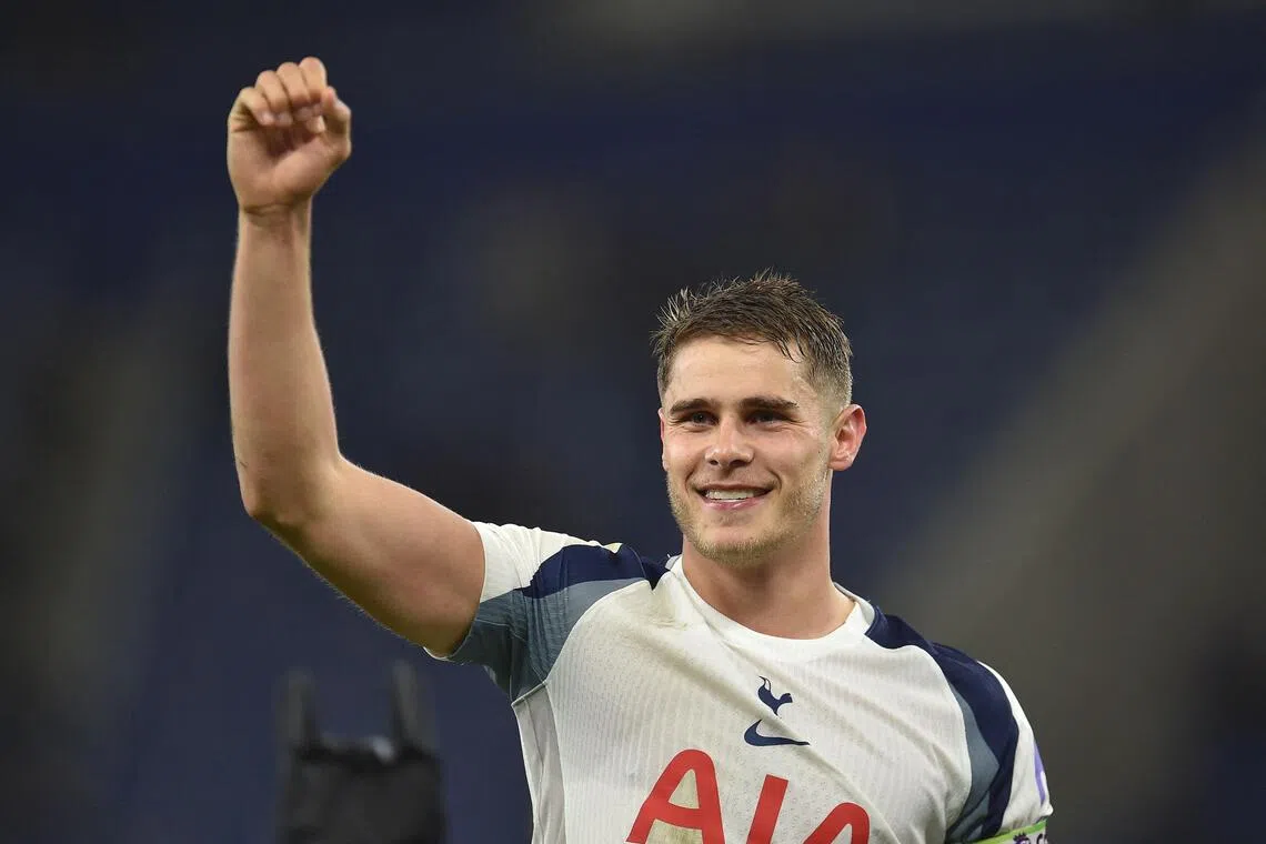 Tottenham Hotspur's Micky van de Ven celebrates their win over Everton.