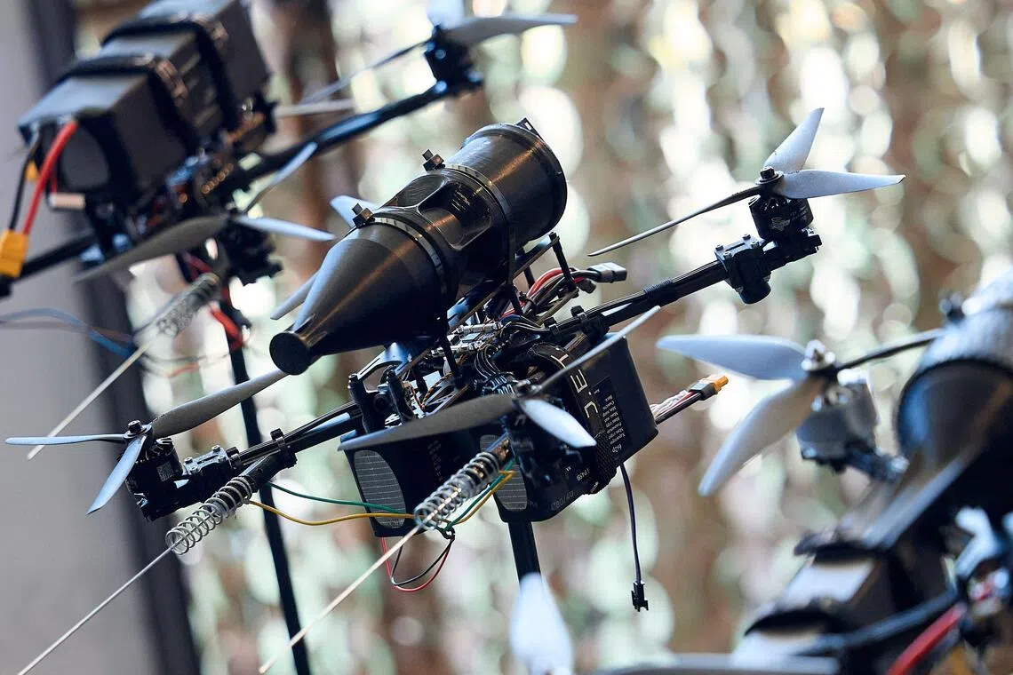 Drones exhibited during the Defence Tech Valley 2025 investment summit in Lviv, Ukraine.